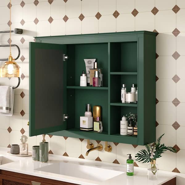 35.03 in. W x 27.5 in. H Rectangular MDF Medicine Cabinet in Green with Mirror and 6-Open Shelves