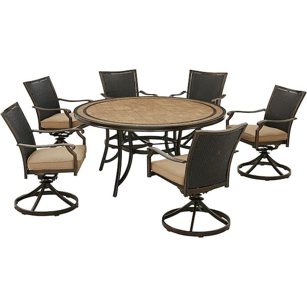 Hanover Monaco 7-Piece Aluminum Outdoor Dining Set with Tan Cushions, 6 Wicker Back Swivel Rockers and a 60 in. Tile-Top Table