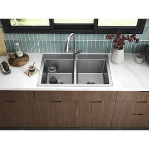 Cursiva Stainless Steel 33 in. Double Bowl Drop-in or Undermount Kitchen Sink