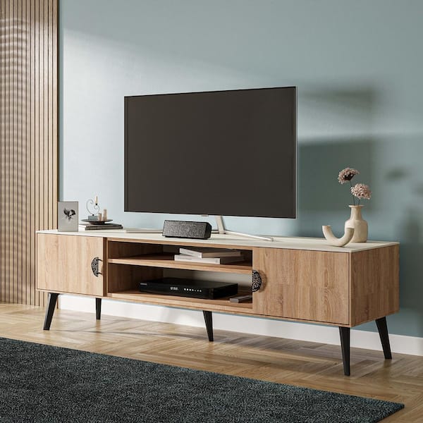 Manhattan Comfort Haley 70.86 in. Natural and Nude Mid-Century Modern TV Stand Fits TV's up to 55 in. with Storage and Cable Management