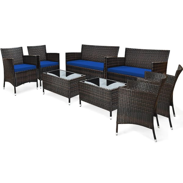 Costway 8-Piece Rattan Wicker Patio Conversation Set Cushioned Sofa Chair Coffee Table with Navy Cushions