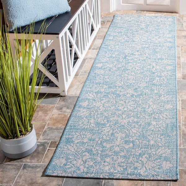 Courtyard Aqua/Gray 2 ft. x 8 ft. Antique Floral Indoor/Outdoor Runner Rug