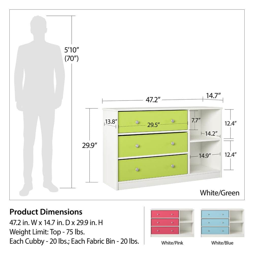 White and Green Wide Nursery Dresser with Fabric Bins