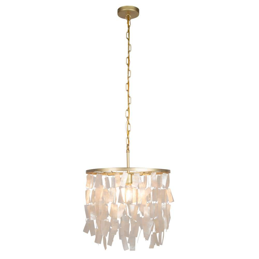 Robert Stevenson Lighting Marina 60-Watt 1-Light Gold Round Tiered Pendant Light Capiz Shade, No Bulb Included