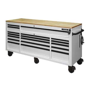 72 in. W x 24 in. D Heavy Duty 18-Drawer Mobile Workbench Tool Chest with Adjustable Height Wood Top in Matte White