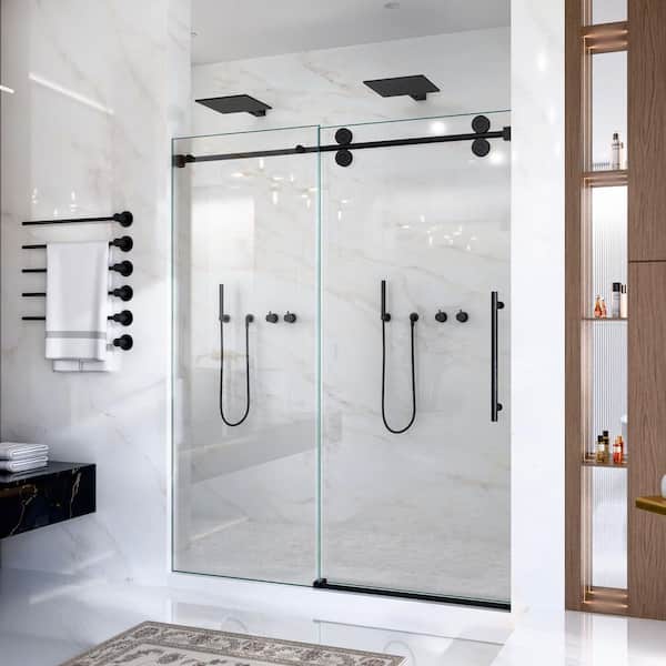 56 in.-60 in. W x 72 in. H Sliding Frameless Shower Door in Matte Black with 8 mm Clear Door