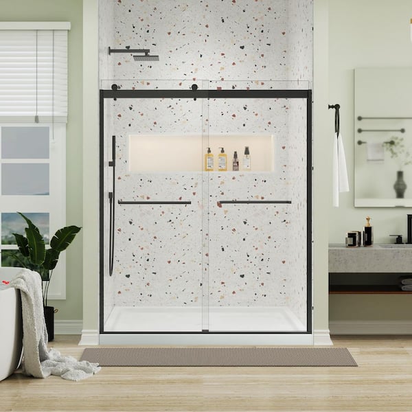 ANGELES HOME 56-60 in. W x 74 in. H Sliding Frameless Shower Door in Matted Black Finish with 5/16 in. Tempered Clear Glass