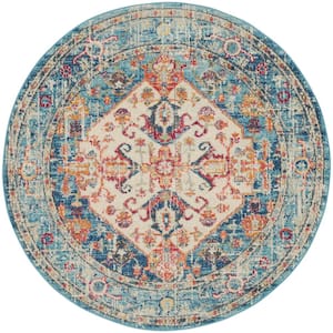 Passion Ivory/Light Blue 4 ft. x 4 ft. Persian Medallion Transitional Round Area Rug