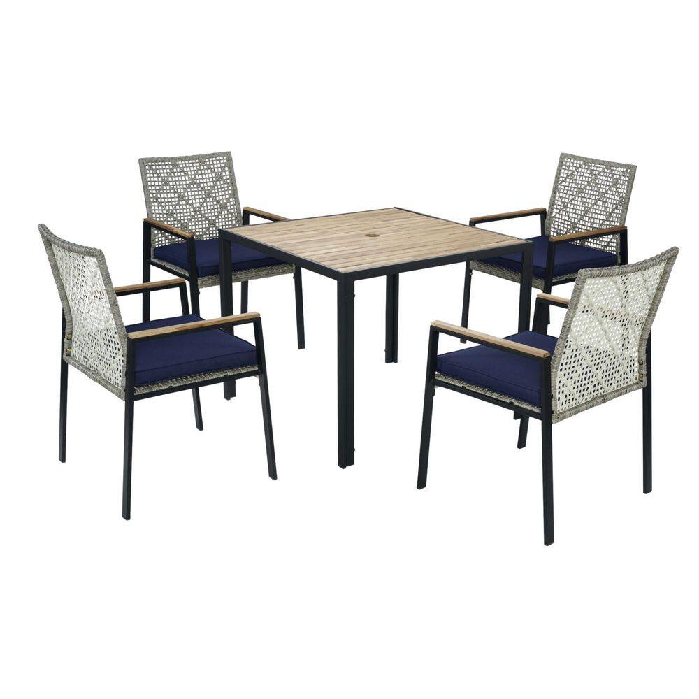 Light Gray 5-Piece Patio Dining Table Sets, Conversation Set with Acacia Wood Table Top, Umbrella Hole, Rattan Backrest price history on PriceWatchPro