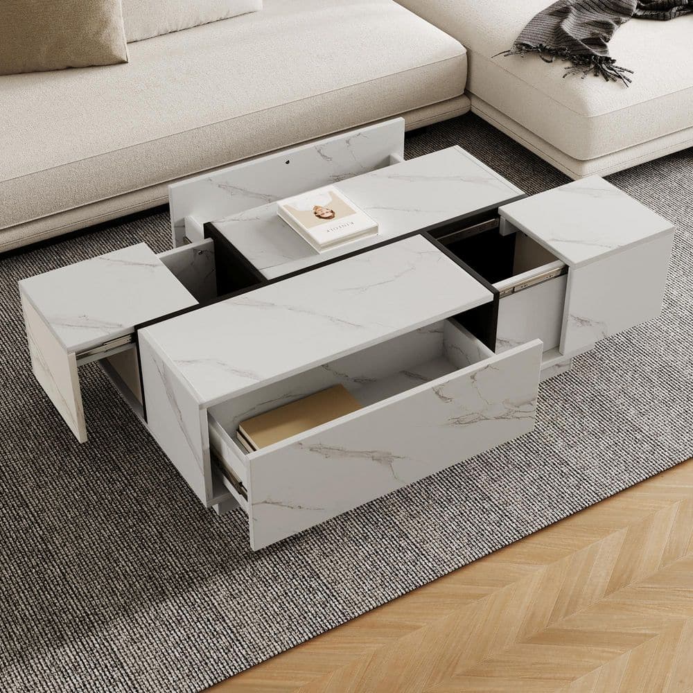 47.2 in. White Rectangle MDF Sliding Top Coffee Table with 2 Drawers, 2 Hidden Storage