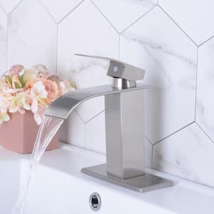 Waterfall Single Handle Single Hole Low-Arc Bathroom Faucet with Deckplate Brushed Nickel