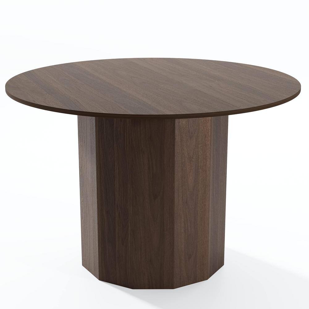 46 in. Natural Oak Wood Walnut Color Column Pedestal Round Kitchen Table Dining Table Seats 4