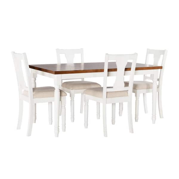 Angie 5-Piece Rectangle Vanilla White and Honey Brown Wood Top Dining Room Set Seats 4