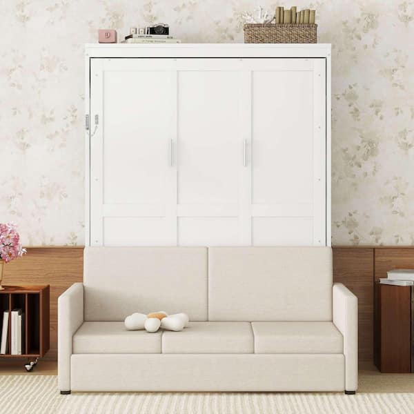 White Wood Frame Queen Murphy Bed with Cushion