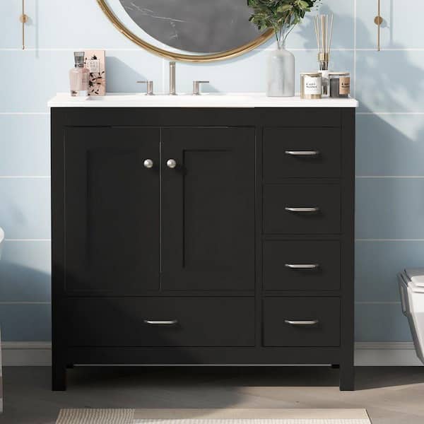 36 in. Single Sink Freestanding Black Solid Wood Frame Bath Vanity with White Ceramic Top Unassembled