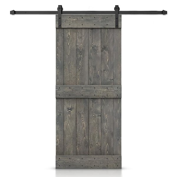 CALHOME 32 in. x 84 in. Distressed Mid-Bar Series Weather Gray Stained DIY Wood Interior Sliding Barn Door with Hardware Kit