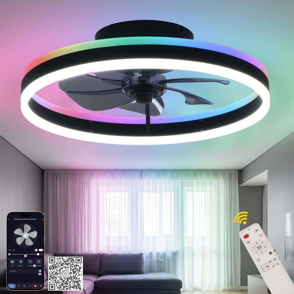 Bella Depot 20 in. Indoor Black Flush Mount Fandelier with RGB Colorful ...