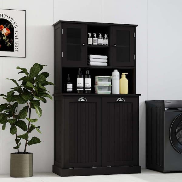XUJMK 33 in. W x 15 in. D x 60 in. H Black Linen Cabinet, 2