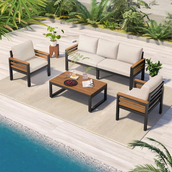 4-Piece Metal Outdoor Sectional Couch Set Beige Cushions, 3 Seater Sofa 2 Chairs and Coffee Table, Wood Arms Furniture
