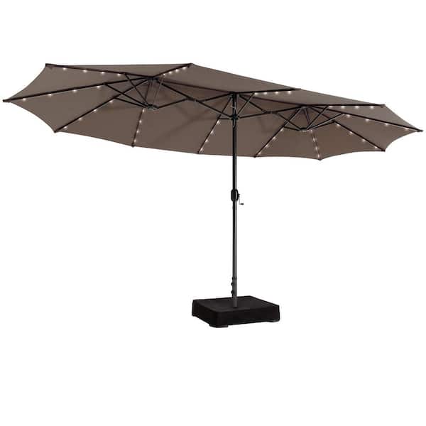 HONEY JOY 15 ft. Double-Sided Twin Steel Market Patio Umbrella with Base Extra-Large and 48-Solar LED Lights in Coffee
