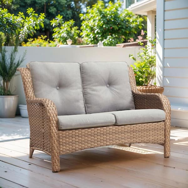 2-Seat Wicker Outdoor Loveseat Sofa Patio with CushionGuard Cushions Yellow/Beige