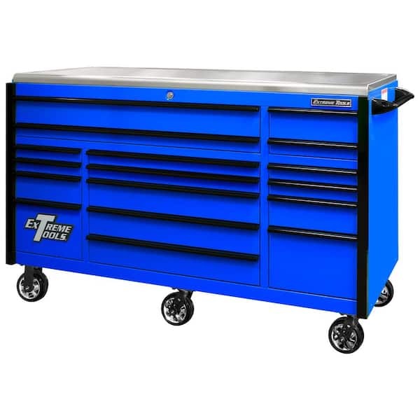 Extreme Tools EXQ 72 in. 17-Drawer Blue Professional Triple Bank Roller Cabinet Tool Chest with Black Drawer Pulls