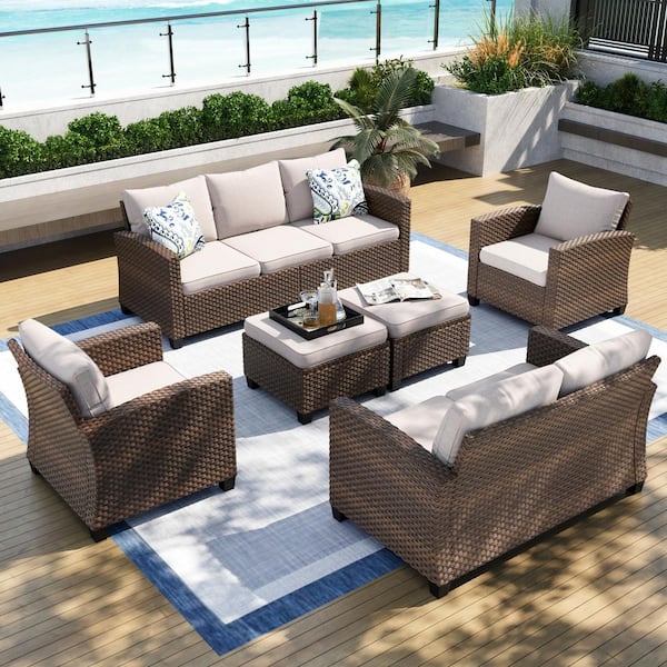 PHI VILLA Brown Rattan Wicker 9-Seat 6-Piece Steel Outdoor Patio Conversation Set with Beige Cushions and 2 Ottomans