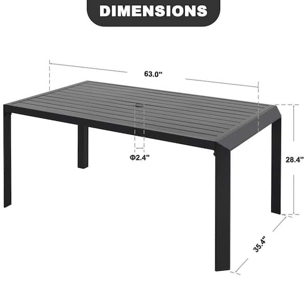 Black Rectangle Aluminum Outdoor Dining Table with 2.36 in. Umbrella Hole