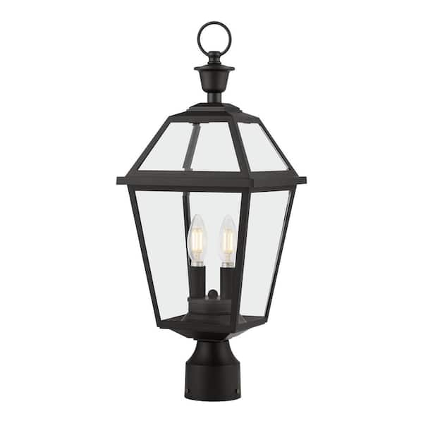 Home Decorators Collection Glenneyre 22.5 in. W 2-Light Matte Black French Quarter Gas Style Outdoor Post Mount Light with Clear Class