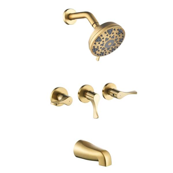 Triple Handle 6-Spray Wall Mounted Tub and Shower Faucet 1.8 GPM 5 In Brass Shower System in Brushed Gold Valve Included