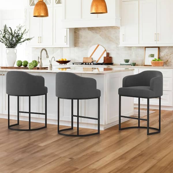 LUE BONA Crystal Charcoal Gray 26 in.Counter Height Fabric Upholstered Bar Stool Kitchen Island Stool With Metal Frame Set of 3