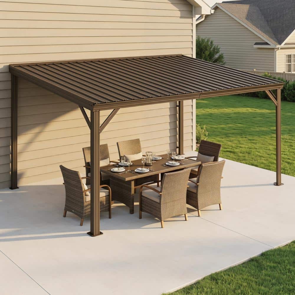 12x20 FT Lean to Wall Mounted Gazebo, Sloping Galvanized Steel Roof with Drainage System, Brown price history on PriceWatchPro