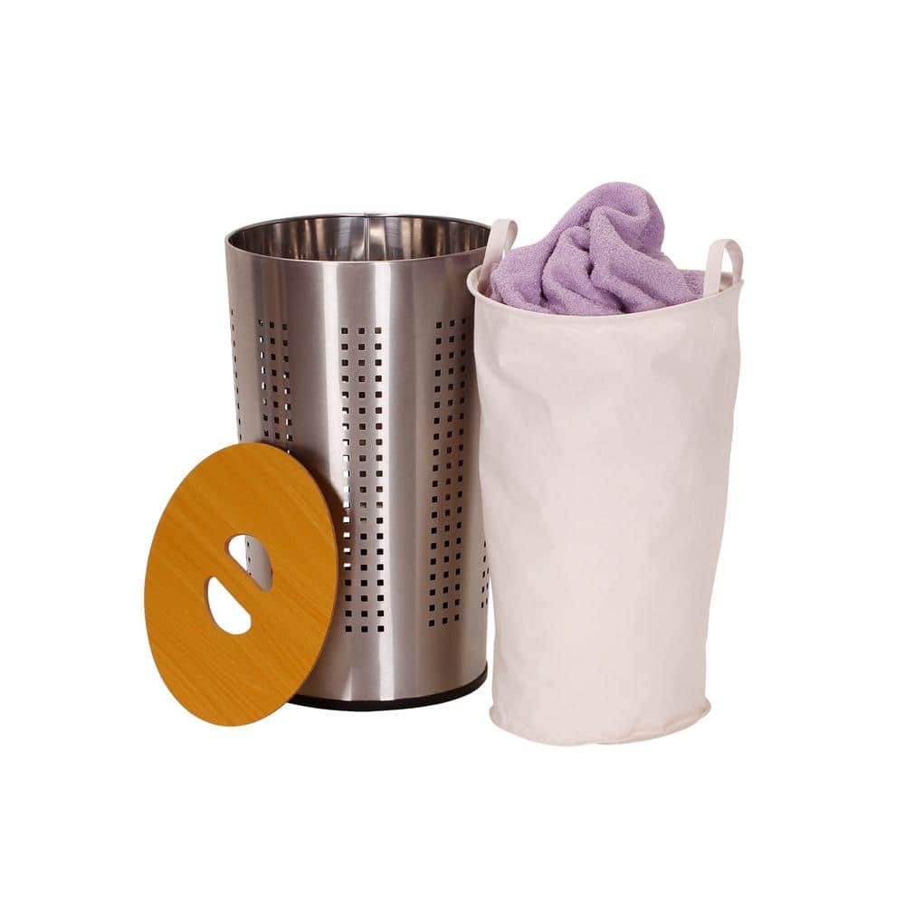 Round Silver Stainless Steel Laundry Hamper with Wooden Lid