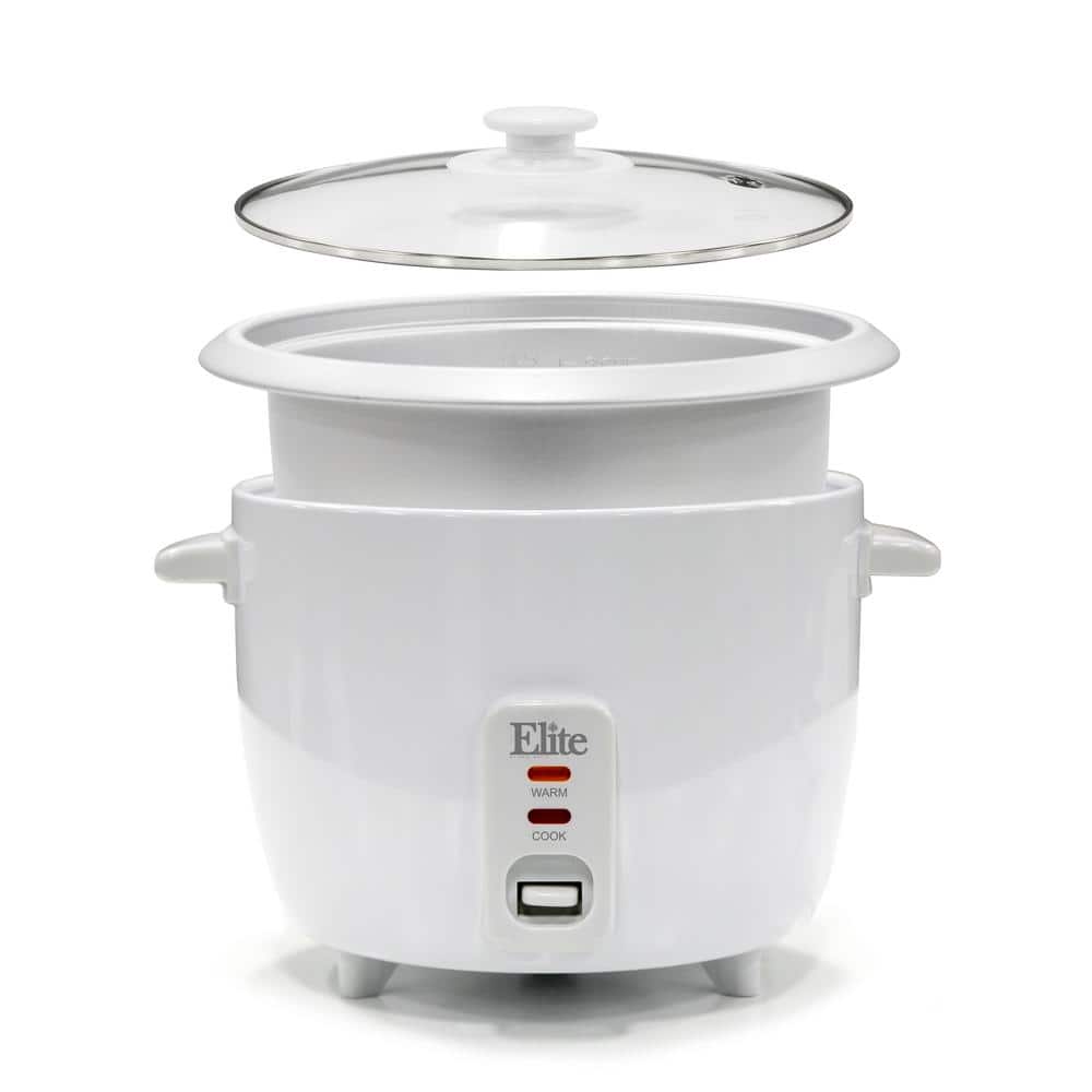 Elite Gourmet 6-Cup White Electric Rice Cooker with Glass Lid