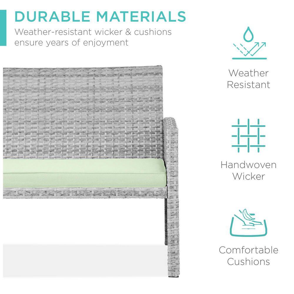 Gray Wicker 4-Piece Patio Conversation Set with Light Mint Cushions