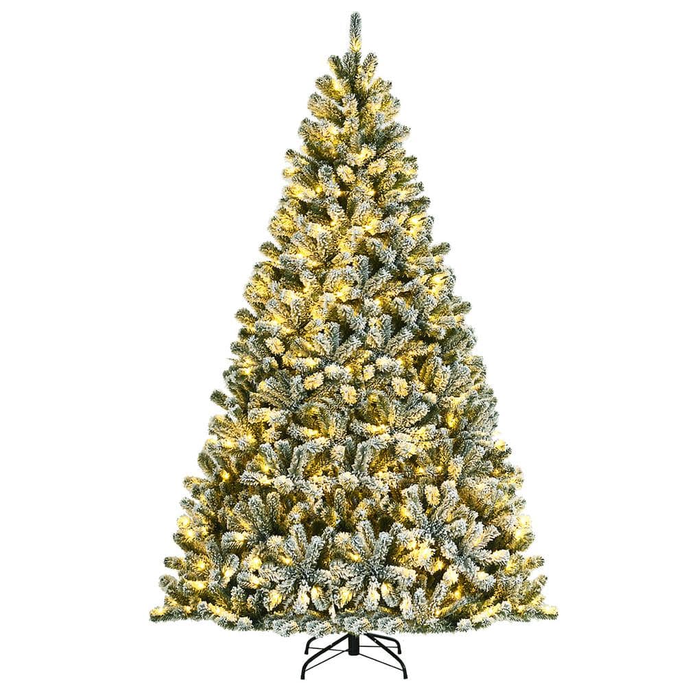 Costway 8 ft. Pre-lit Snow Flocked Hinged Artificial Christmas Tree with  1502 Tips and Metal Stand CM23444US - The Home Depot