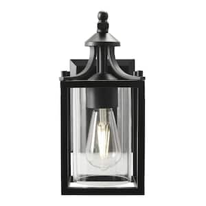 Boswell Quarter 12.12 in. 1-Light Matte Black Hardwired Outdoor Transitional Wall Lantern Sconce with Clear Glass Shade