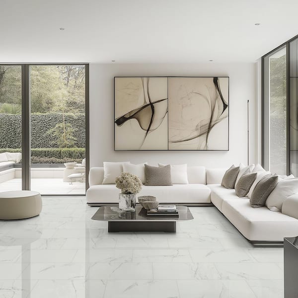 Pavia Carrara 12 in. x 24 in. Polished Porcelain Stone Look Floor and Wall Tile (16 sq. ft. / Case)