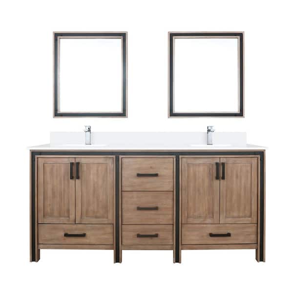 Ziva 72 in W x 22 in D Rustic Barnwood Double Bath Vanity, White Quartz Top, Faucet Set and 30 in Mirrors
