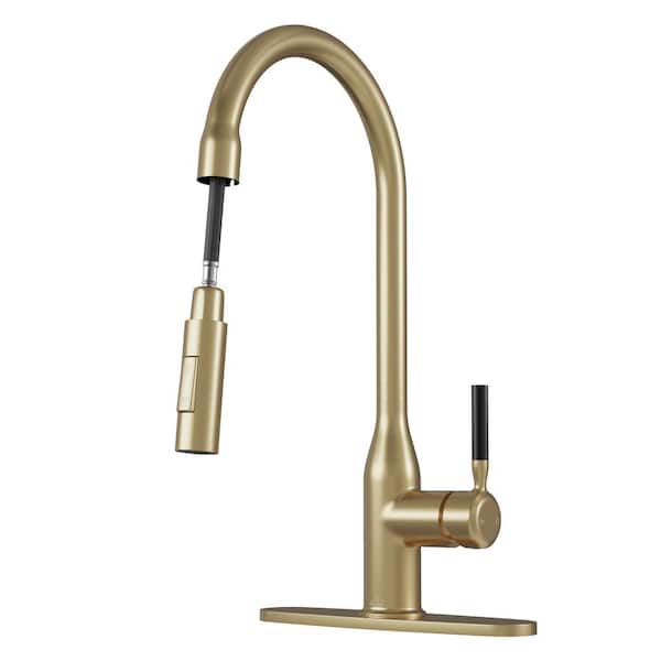 CASAINC Single Handle Pull Down Sprayer Kitchen Faucet with Advanced Spray, Pull Out Spray Wand, and Deckplate in Brushed Gold