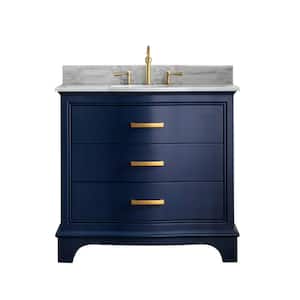 Monroe 36 in. W x 22 in. D Bath Vanity in Navy Blue with Natural Marble Vanity Top in Carrara White with White Sink