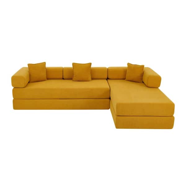 Modular 108 in. Wide Flared Arm Corduroy L-Shape Sectional Sofa Bed with Chaise and Removable Backrest in Yellow