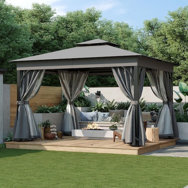 10 ft. x 12 ft. Gray Outdoor Gazebo Tent with Double Roofs, Mosquito Netting, Privacy Screens