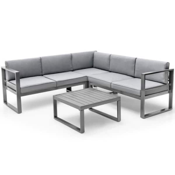 4-Piece Aluminum Outdoor Patio Furniture Sectional Set with Thick Seat and Gray Cushions