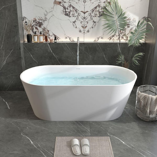 Foyil 67 in. x 32 in. Solid Surface Stone Resin Flatbottom Freestanding Bathtub Soaking Bathtub in Matte White