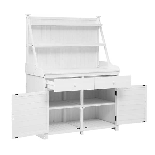 Unbranded 65 in. Garden Potting Bench Table, Fir Wood Workstation with Storage Shelf, Drawer and Cabinet in White