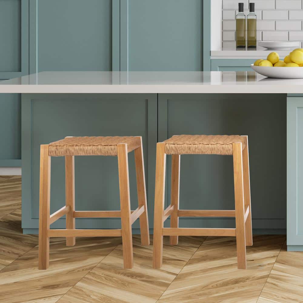 Natural Wood Backless Counter Stool with Woven Seagrass Seat