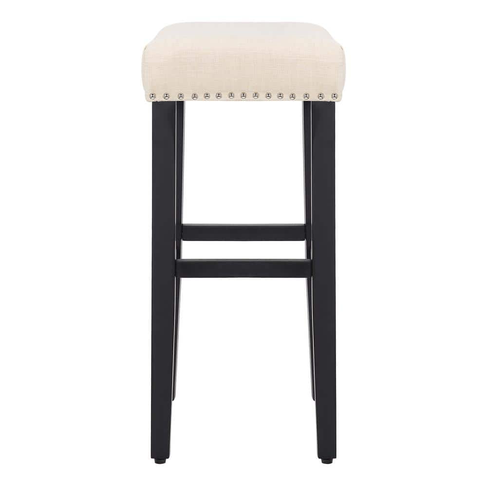 29" Black and Beige Saddle Style Wooden Barstool with Nailhead Trim