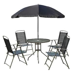 Black 6-Piece Metal Round Table Outdoor Bistro Set and Patio Umbrella with 4 Folding Dining Tables