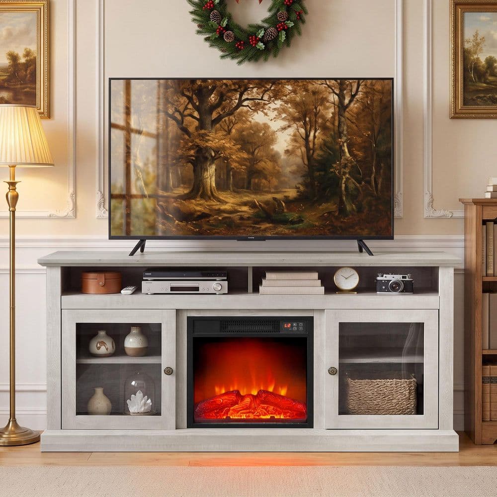 ToolCat 60 in. Freestanding TV Stand in Gray with 18 in. Fireplace